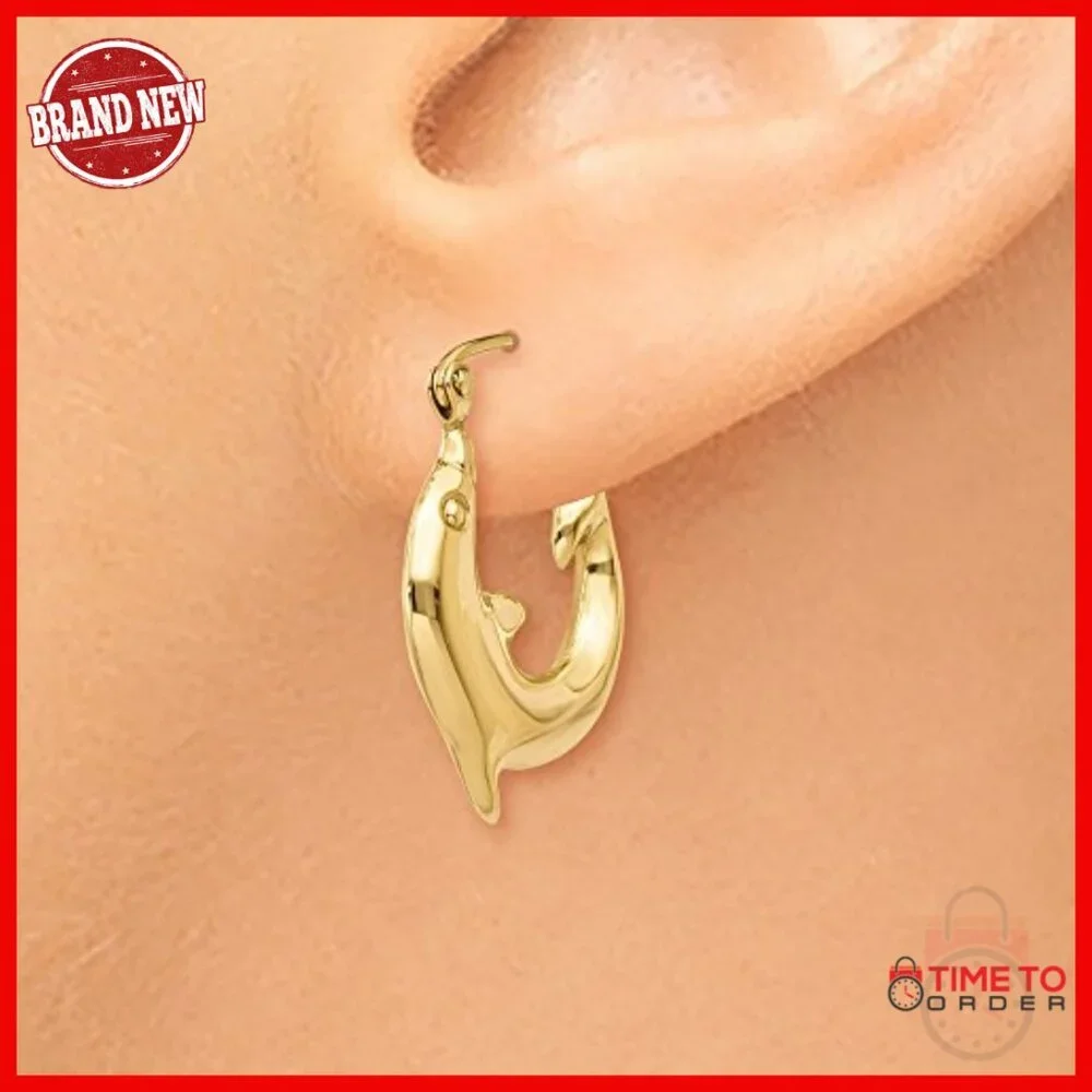 14K Yellow Gold Polished Dolphin Hoop Earrings for Women